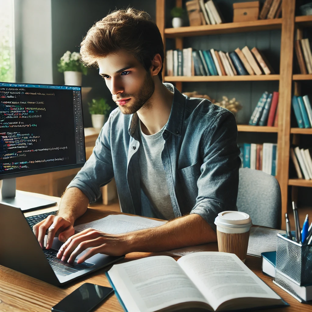 Student coding on laptop